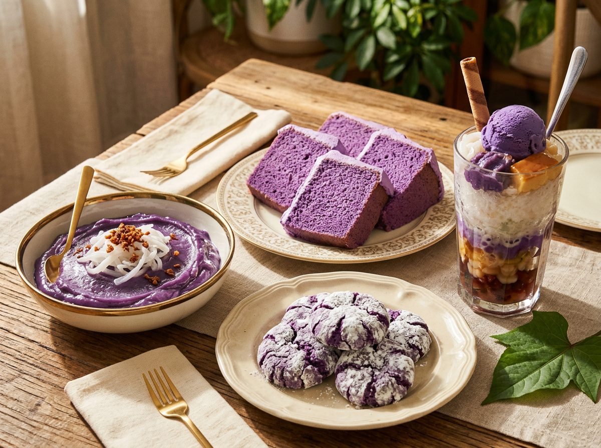 Ube halaya, ube chiffon cake, crinkle cookies and halo-halo